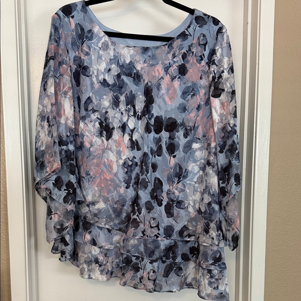 Alex Evenings Floral Blouse - Blue and Pink